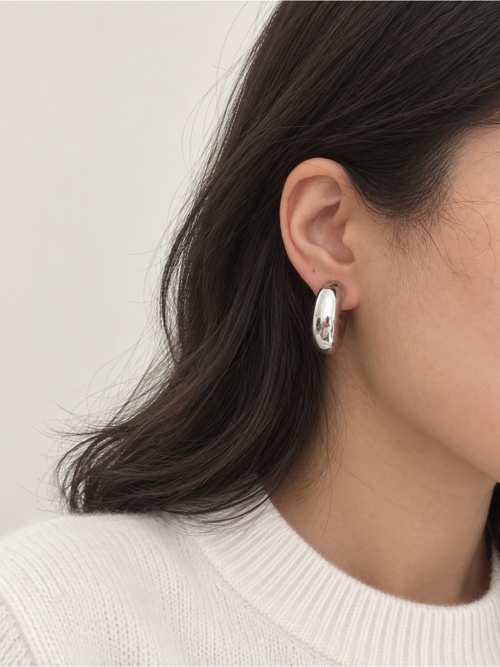 Silver Stainless Steel Chunky C - Hoop Earrings